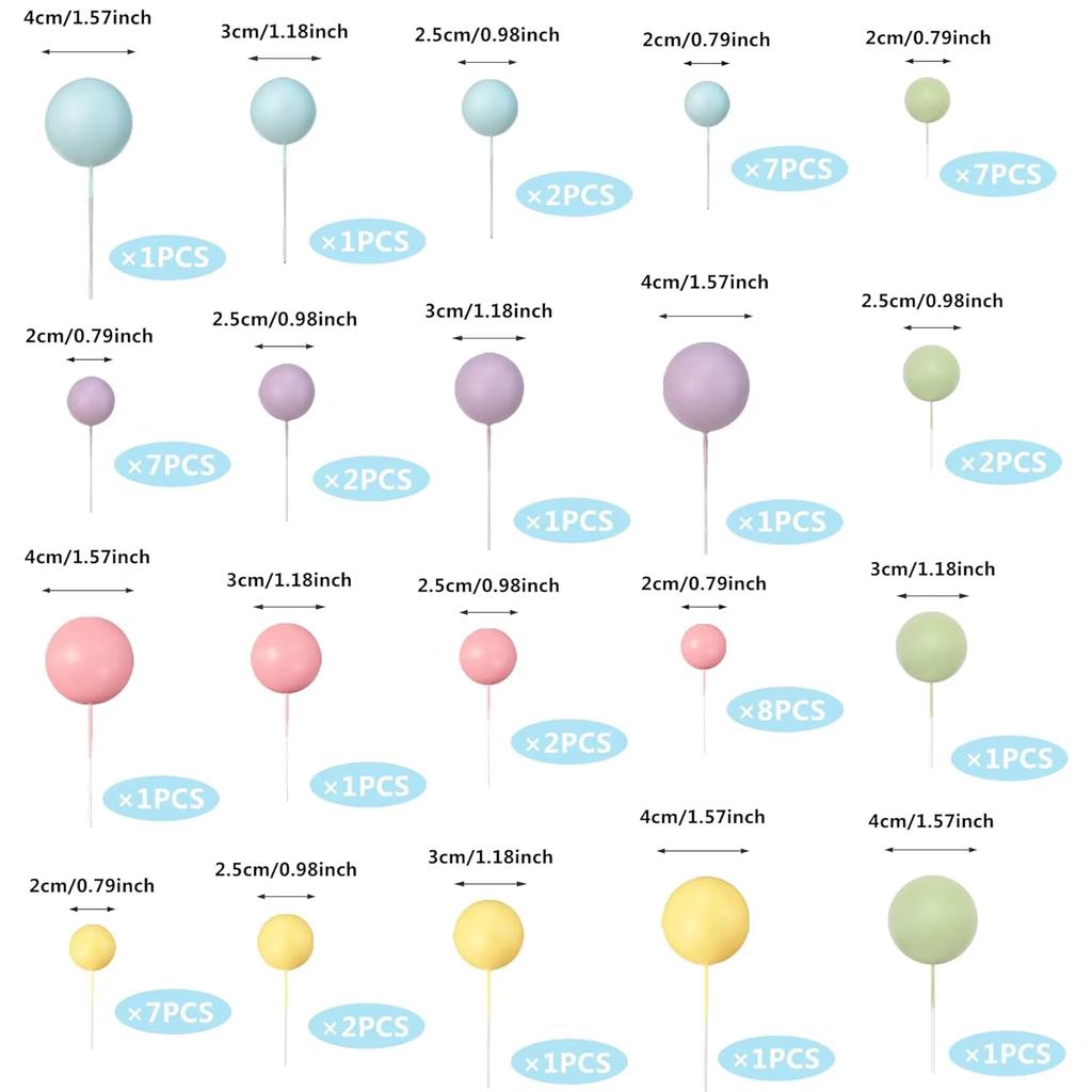 56 PCS Ball Cake Toppers - Colorful Pearl Cake Decorations for Birthday, Wedding, Cupcakes Ball Party Supplies DIY Dessert Decor