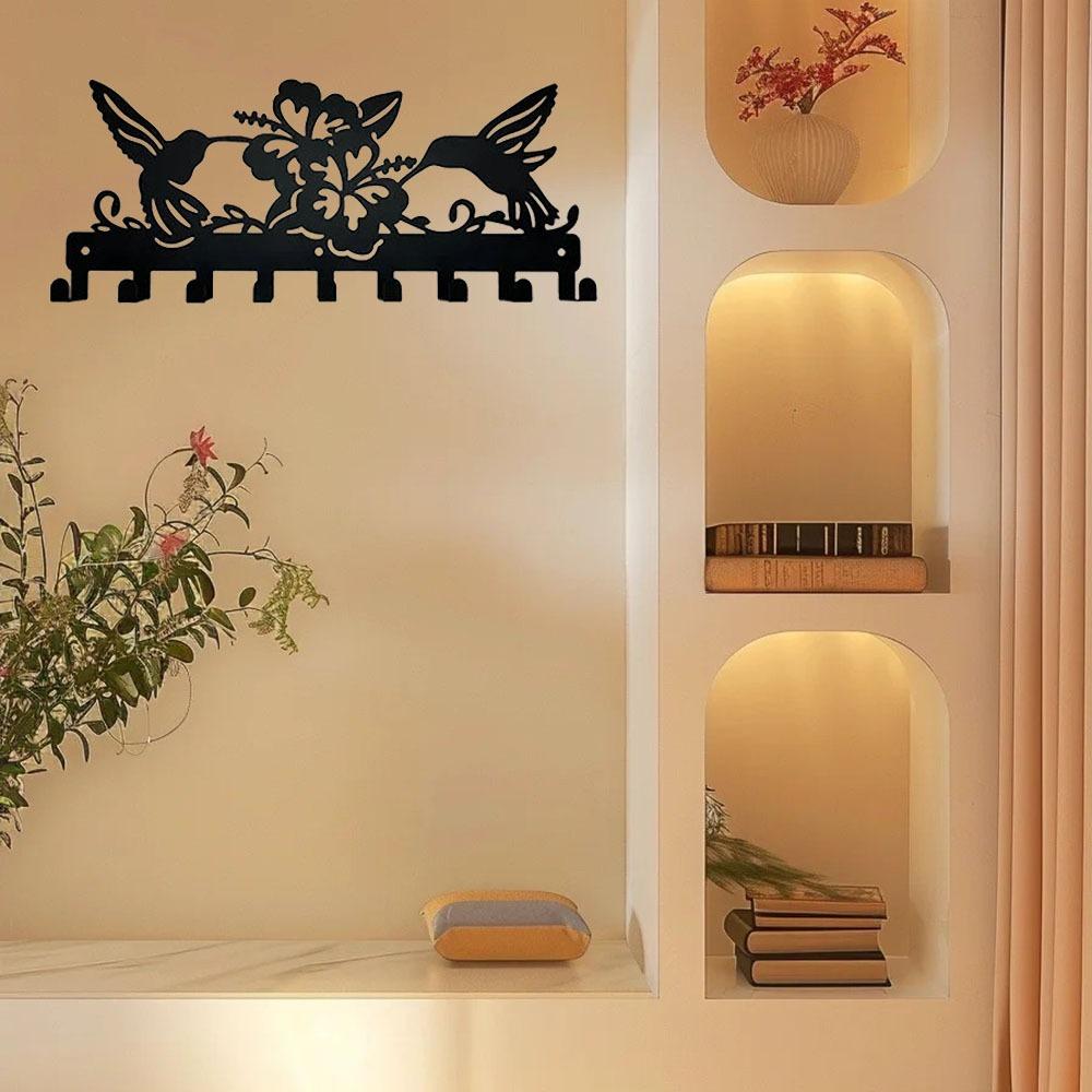 Metal Wall Hanging Storage Rack – Bird and Flowers Design Coat Rack for Keys and Hats, Wall-Mount Hooks, and Coat Organizer