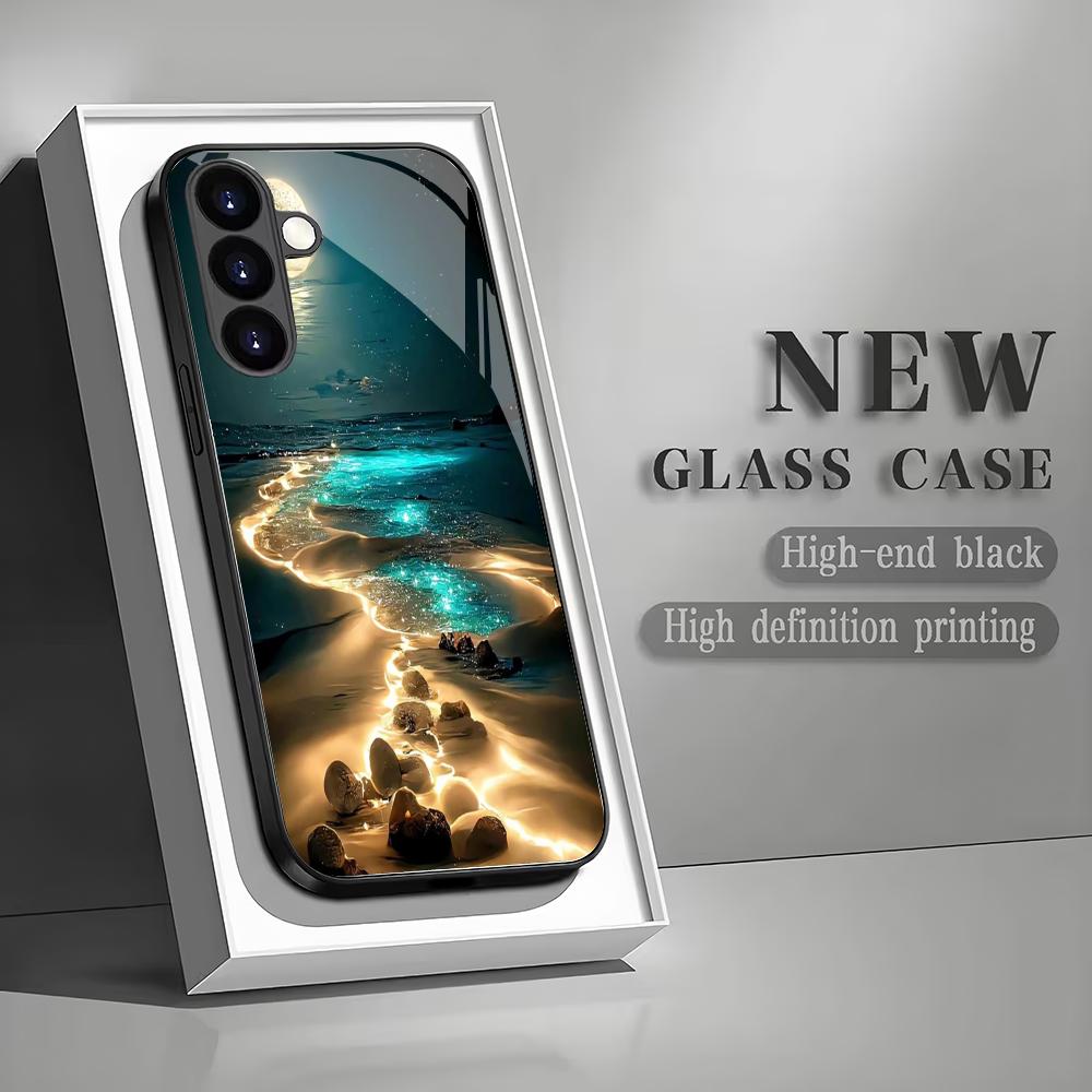 Beach pattern tempered glass phone case suitable for Samsung Galaxy S26 S25 S24 S23 S22 S20 FE/Ultra/Plus5G anti drop back cover