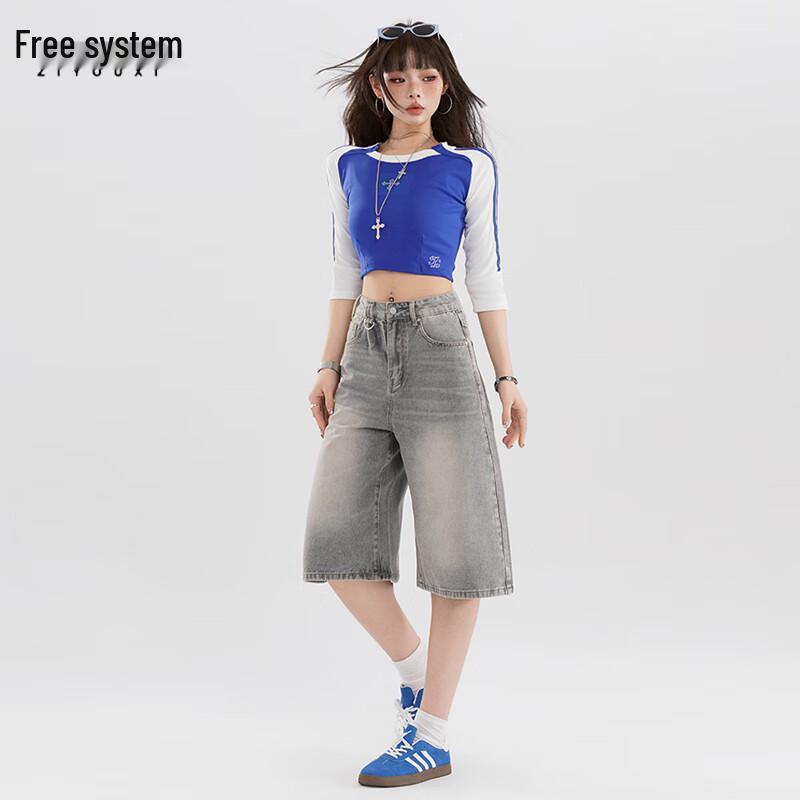 Women s High-Waist Loose Wide-Leg Denim Shorts M