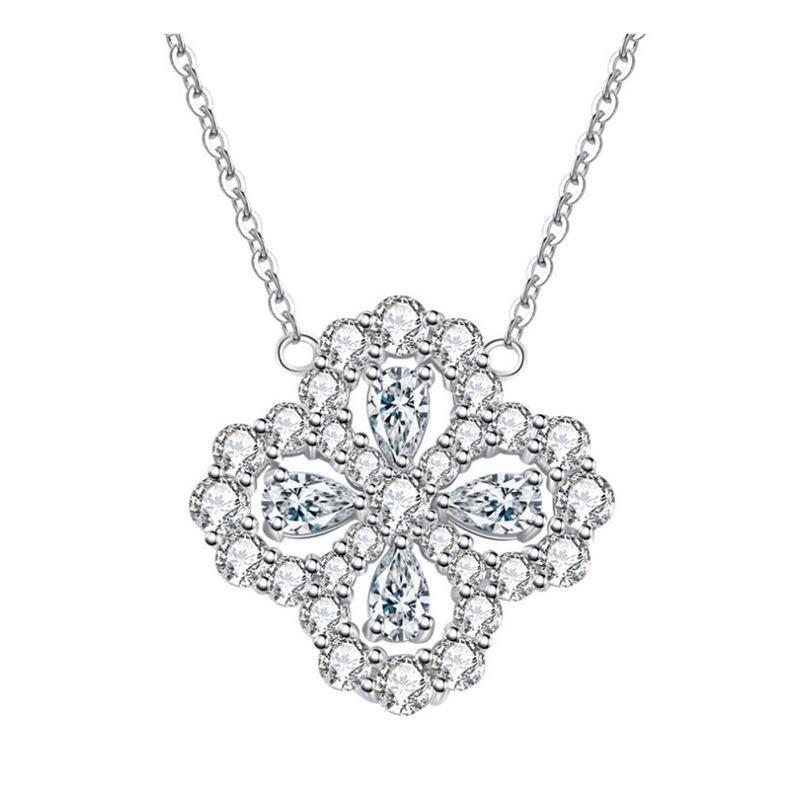 

925 Sterling Silver Four-Leaf Clover Diamond Necklace - Women s Luxury Fashion 925 Silver платиновий