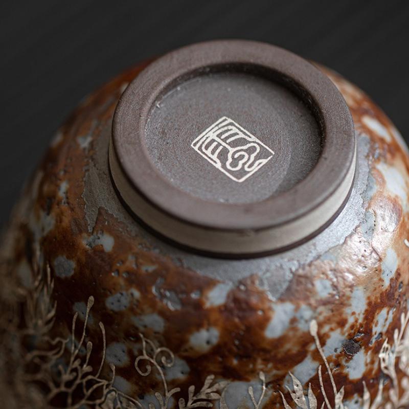 Old Rock Mud Teacup Flower Gilded Silver Master Cup Chinese Kung Fu Teaware Set Stoneware Retro Japanese Ceramic Mugs Drinkware