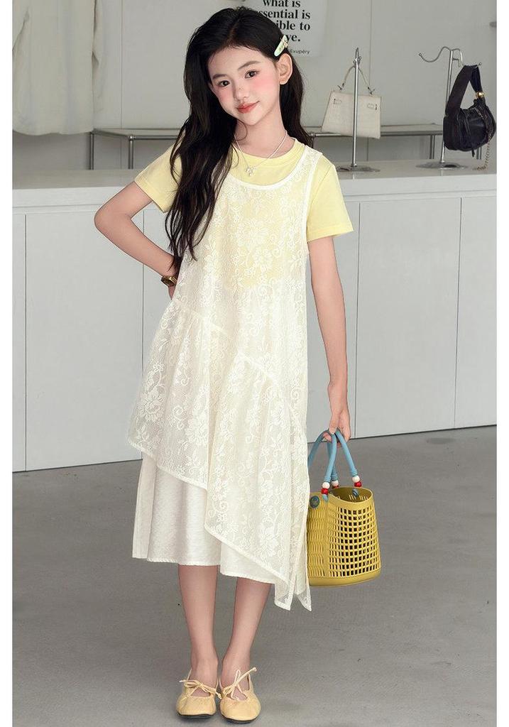 Koreanischer Stil Spitzen Sommer Zweiteiler Kleid mit unregelmäßigem Patchwork - Schichtendesign Midi