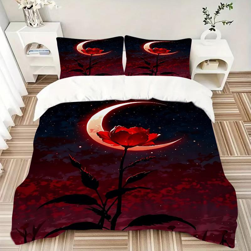 3pc Moon Rose Cover Set - 1 Quilt Cover + 2 Pillowcases, All Seasons Bedroom Setting, Perfect for Home006