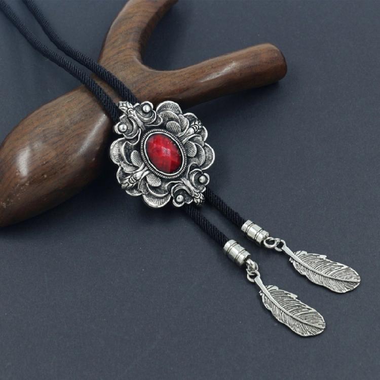 Unique Flower Necktie Braided Cord Alloy Engraving Stone Charm Neck Jewelry Tie Unisex Necklace Rodeos