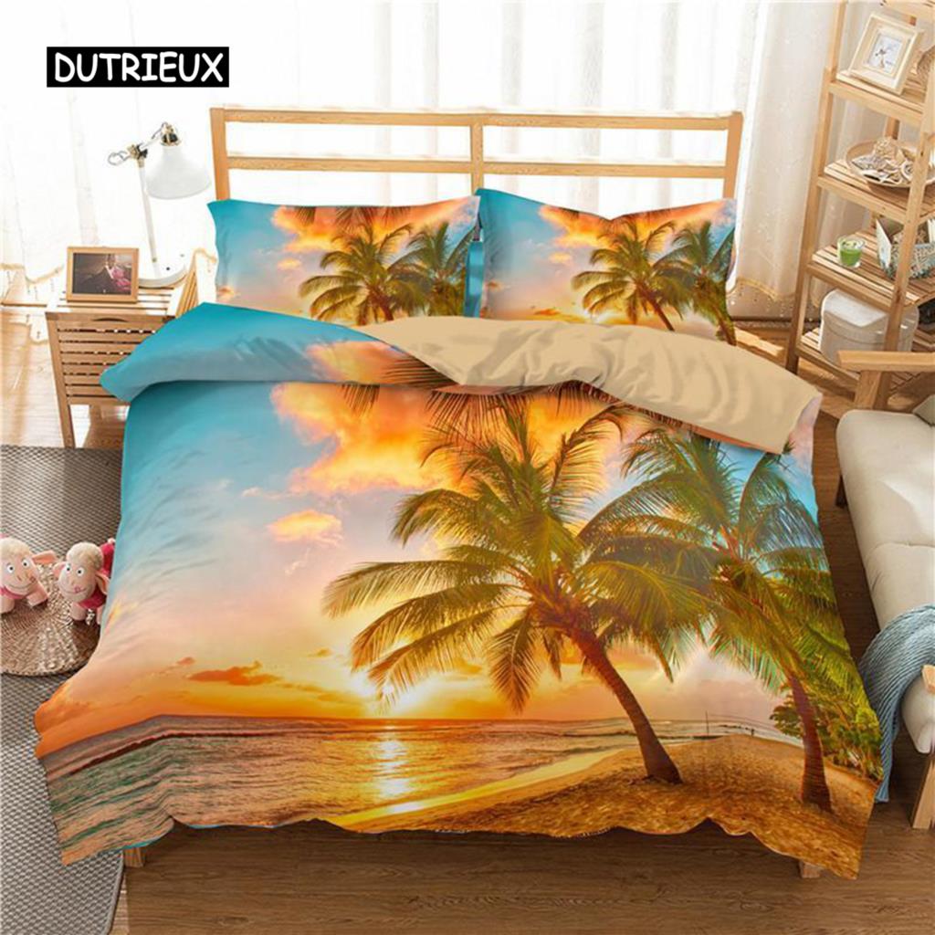 Ocean Duvet Cover Set, Tropical Island with The Palm Trees and Sea Beach Nature Theme Print Twin Bedding Set for Teens