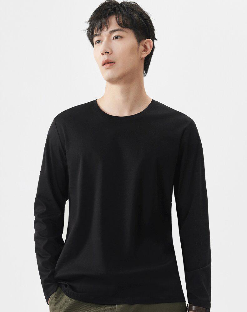 Men's 175g Pima Cotton Long-Sleeved Crew Neck T-Shirt, Solid Color, 80 Count, Versatile Casual Base Layer