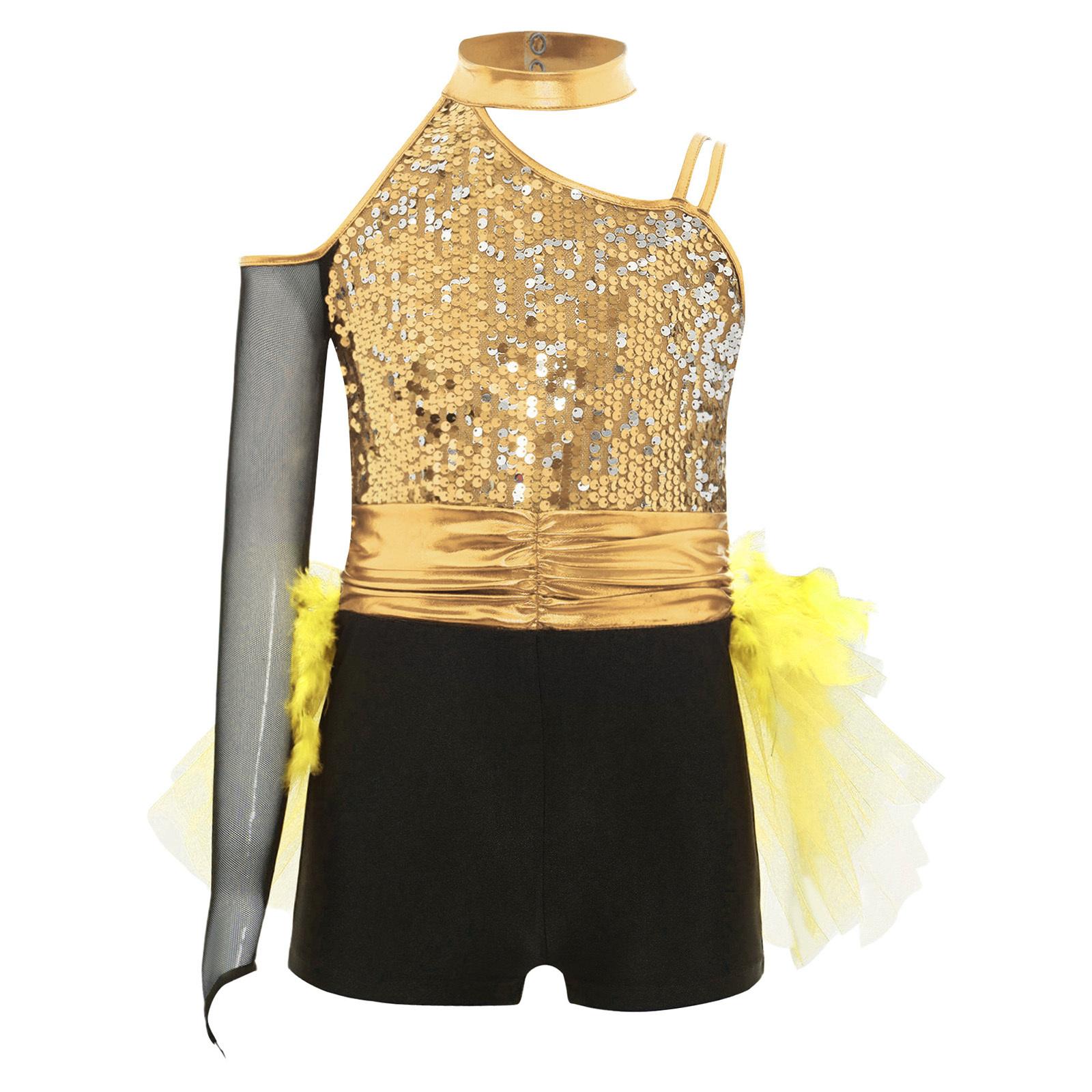 

Girls Jazz Dance Costume Sparkly Sequins Bodice Feather Tulle Skirted Leotard Ruched Waist Asymmetrical Color Block Jumpsuit 15-16 Years золотий