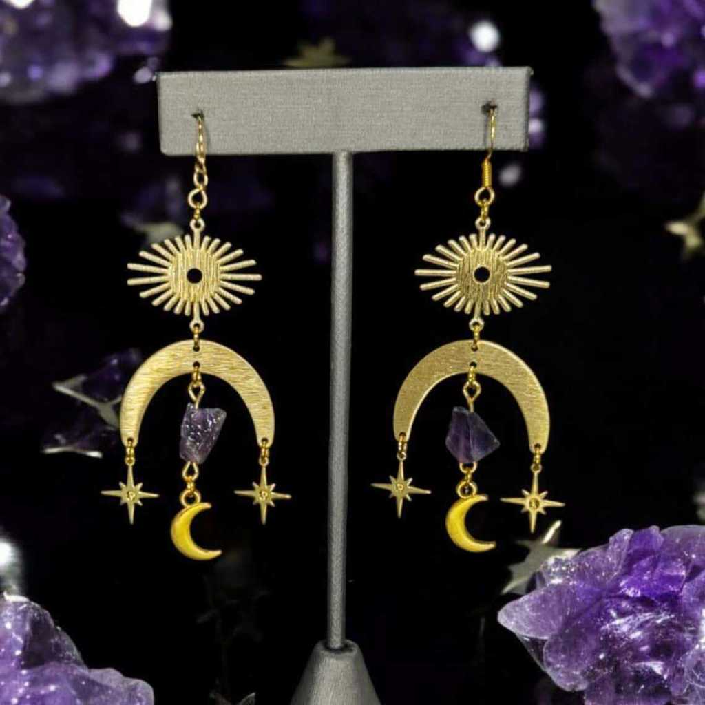 Sun Pendant Earrings With Natural Amethyst Gems For Children Jewelry Fashion