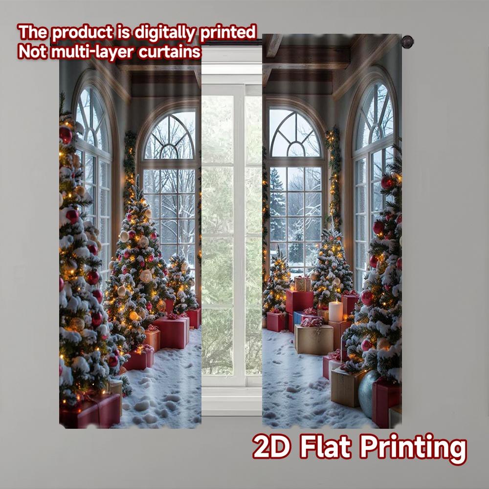 

Set Of 2 Flat Printing Merry Christmas Popular Drapes Fabric Without Electricity Birthday Party Perfect Holiday Curtain Polyester W100*H70(CM)-Hooks&1PCS