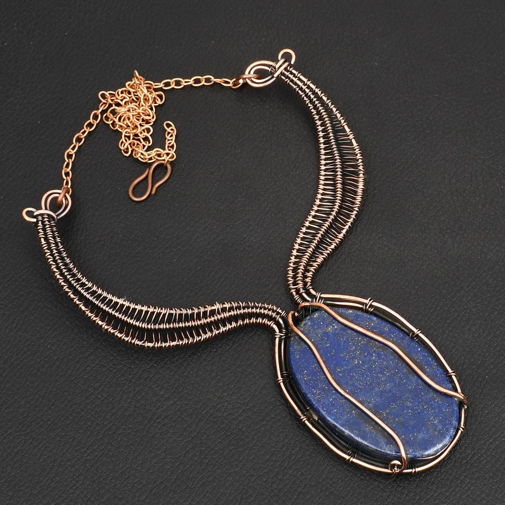 Handmade Lapis Lazuli Gemstone Copper Wire Wrapped Statement Necklace Boho Ethnic Pendant Jewelry for Women