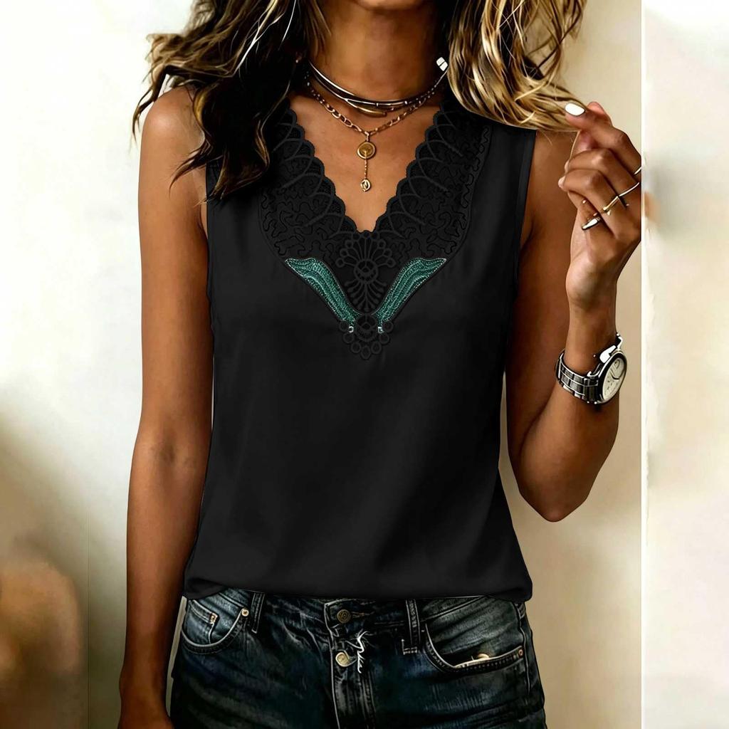 Women Sleeveless Lace V Neck Tank Top Casual Loose Fit Blouse Soft Lightweight Pullover Vest for Daily Wear Office School Travel
