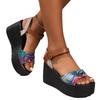 Large Size Summer New Wedge Heel One-word Buckle High Heel Sandals Casual Printed Muffin Sole Women's Shoes