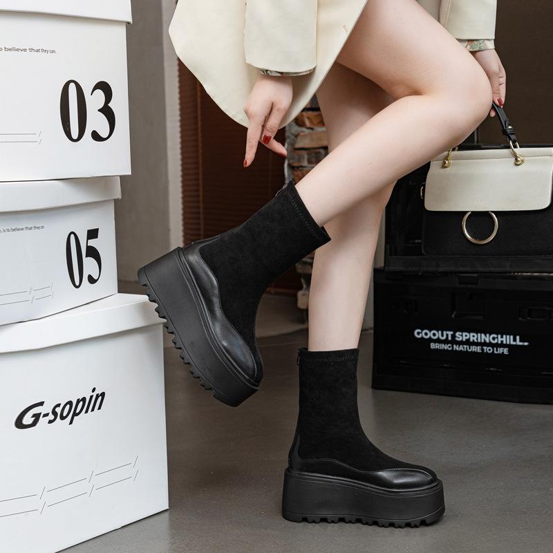 Thick-soled Medium Leather Boots Women's Autumn and Winter 2025 New Muffin Shoes Popular Fashion Short Boots Women's Thin Elastic Boots