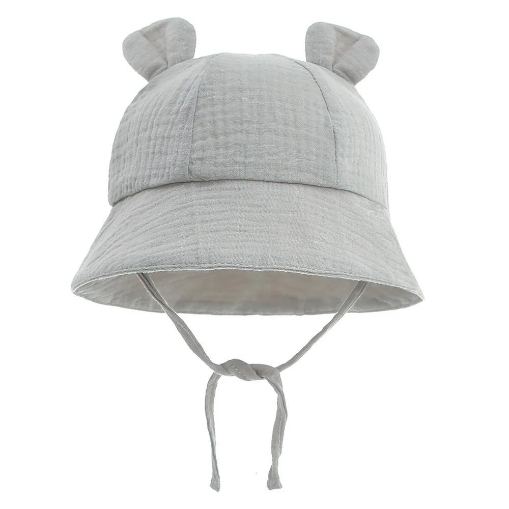 

Muslin Cotton Baby Hat Summer Infant Cap Soft Baby Sun Hats Panama for Kids Girls Boys Bucket Hat Accessories Children 3-12M сірий