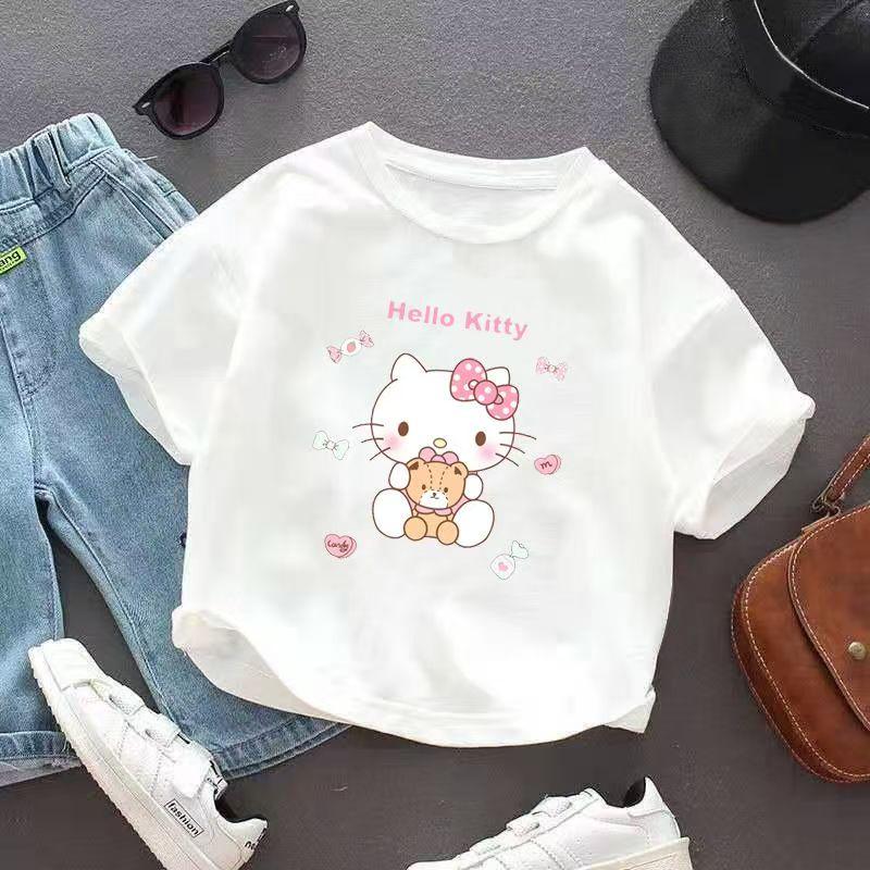 

Sanrios 2026 Summer New Design HelloKitty Graffiti Cartoon Print Pure Cotton Breathable Childrens ShortSleeved TShirt S