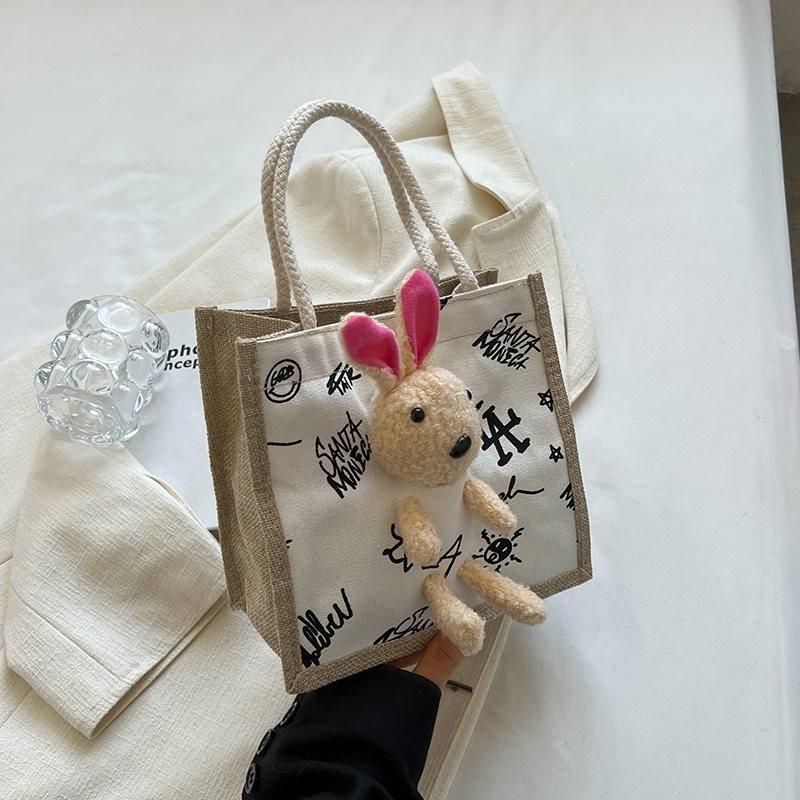 Милая Канвасная Сумка для Бэнто Стильная Сумка-тоут Для Офисных Работников Модная Ручная Сумка на Плечо Для Повседневного Использования White Letter Rabbit