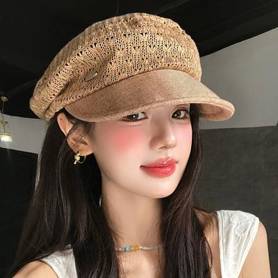 Korean Fashion Stitching Hollow Berets Spring Summer Travel Sun Protection Versatile Breathable Literary Newsboy Hats for Women