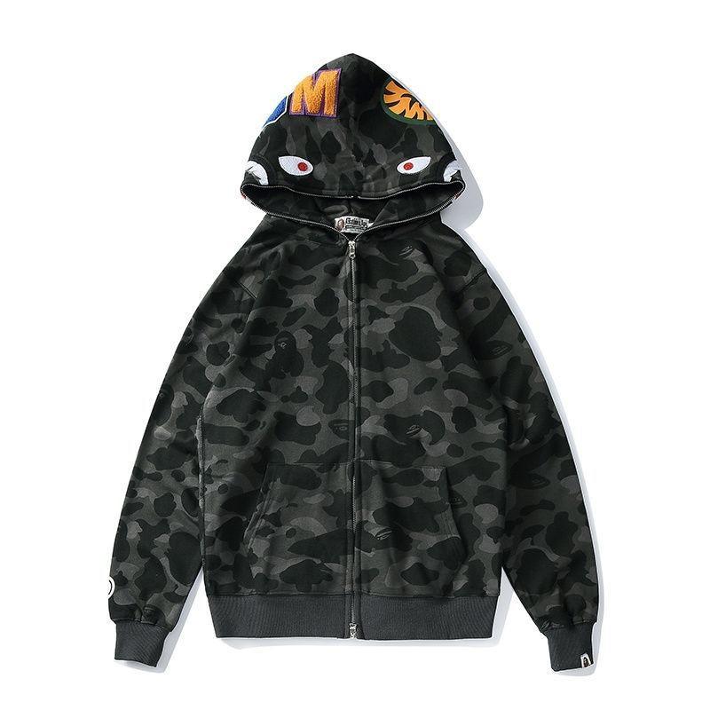 Mens Oversized Hooded Sweatshirt With Shark Embroidery Camo Print Casual Long Sleeve Pullover