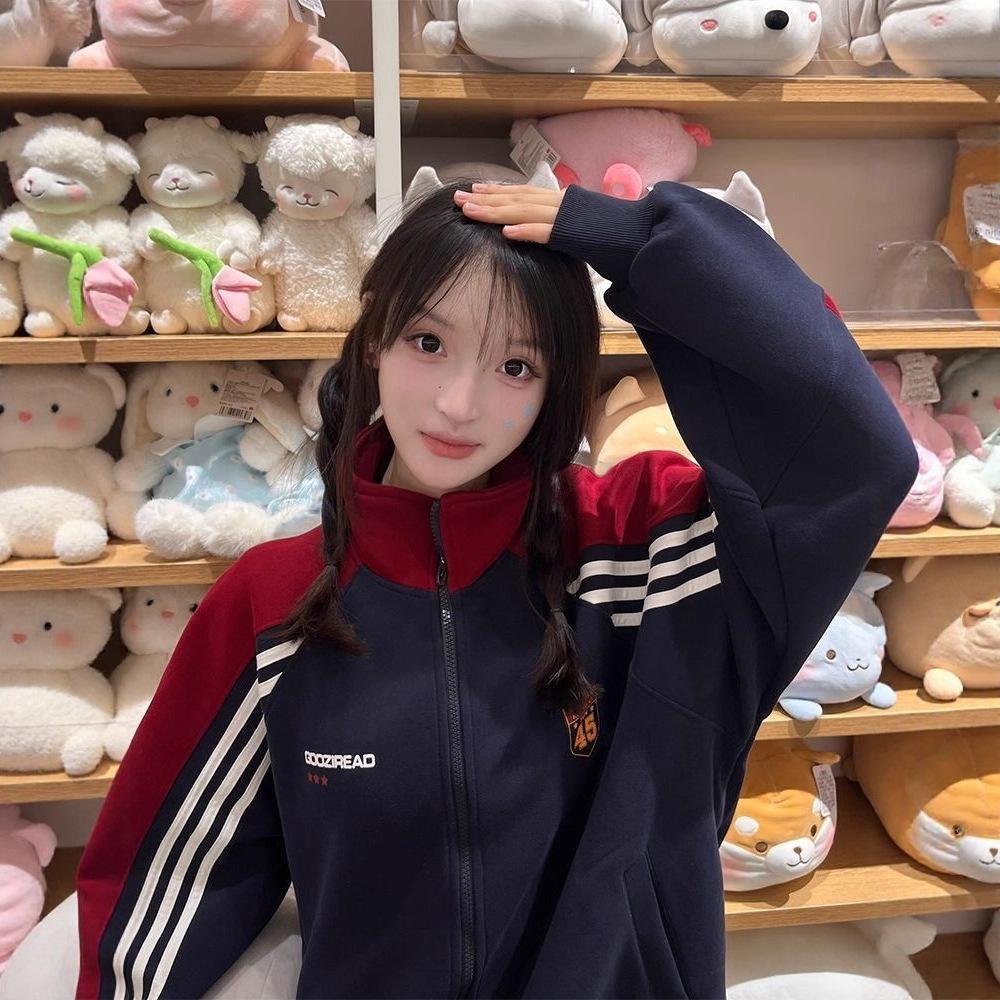 Women American Color Block Stripe Embroidery Stand Collar Zip Up Sweatshirt Jacket Spring Autumn Loose Casual Outerwear