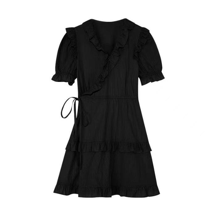 Elegant Women s Black Mini Dress with Ruffled Waist and French Design M черный