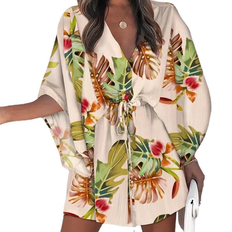 BITCED Women's Summer Batwing SleeveV-neck Lace-up Casual Resort Dresses