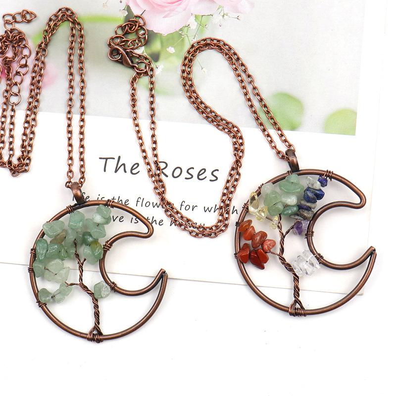 Vintage Handmade Wrapped Moon Tree Of Life Necklace Gravel Crystal Pendant N109