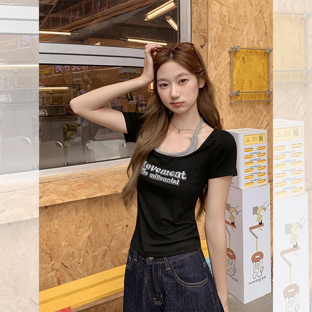 American Retro Black Printed Fake Two-piece Short-sleeved T-shirt Women's Summer New Slim-fitting and Thin Shoulder Top