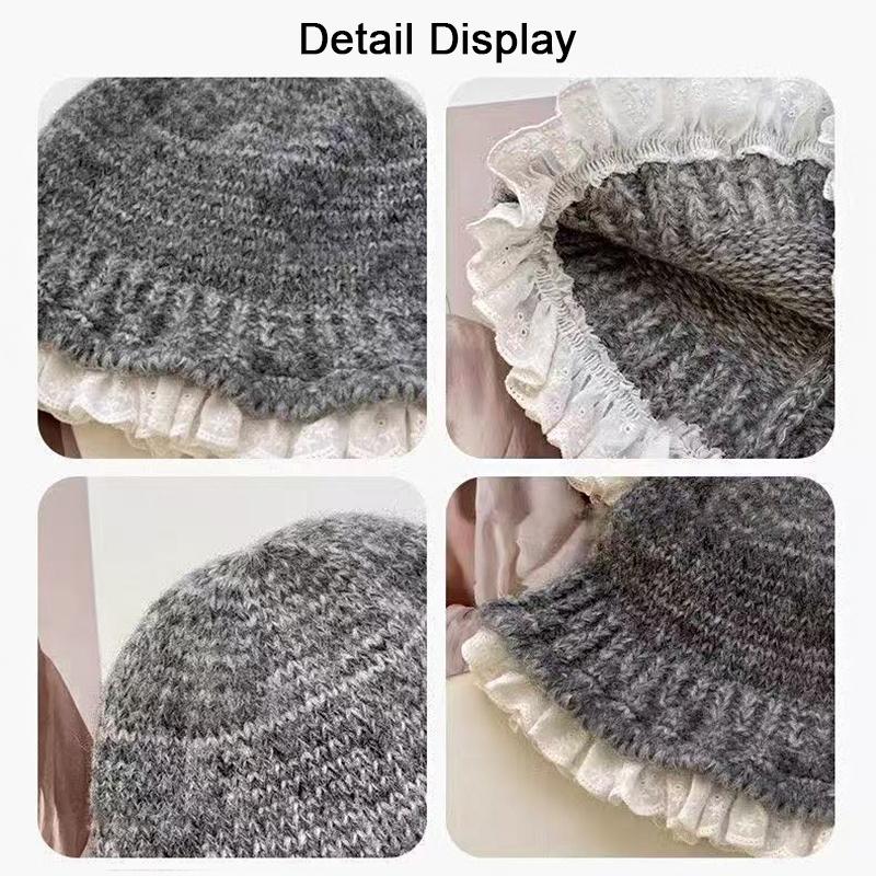 1PC Knitted Slimming Hat Oversized Fisherman Hat Fashionable Lace Elegant Trimmed Korean Bucket Warm 53-60cm