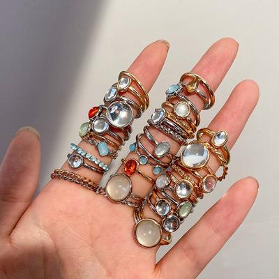 Korea 8pcs/set Vintage Colorful Stone Metallic Chain Trendy Geometry Hit Rings Set for Women Girls Jewelry