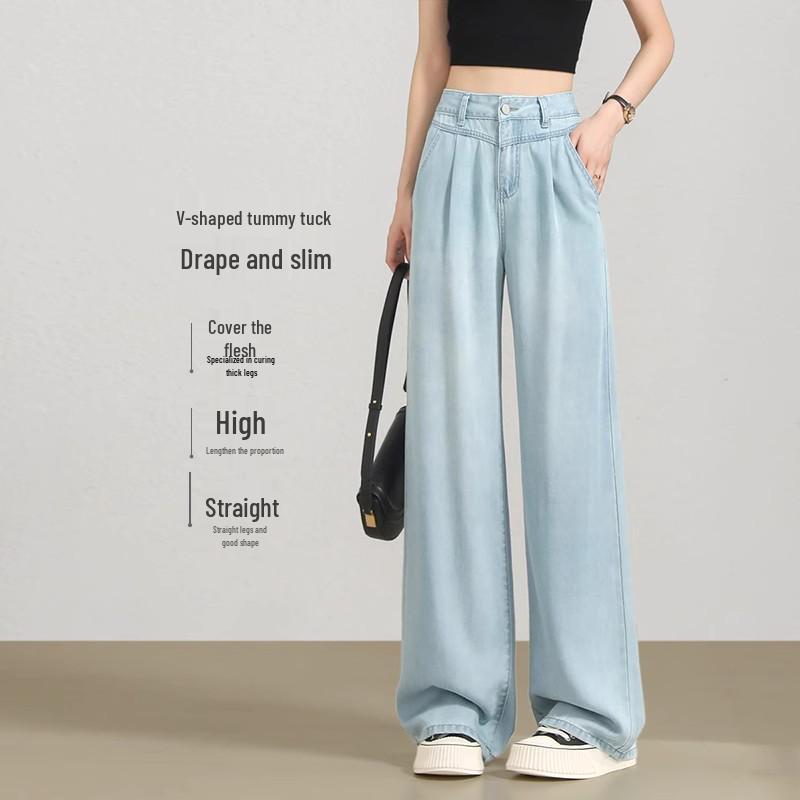 Women s High Waist Light Color Lyocell Tencel Wide Leg Pants - Summer Thin M светло-синий