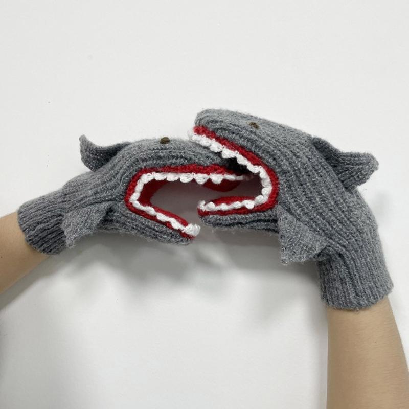 Unisex Windproof Gloves Warm Lining Mittens Cozy Cartoon Shark Shape Cycling Mittens Winter Cold Weather Accessories