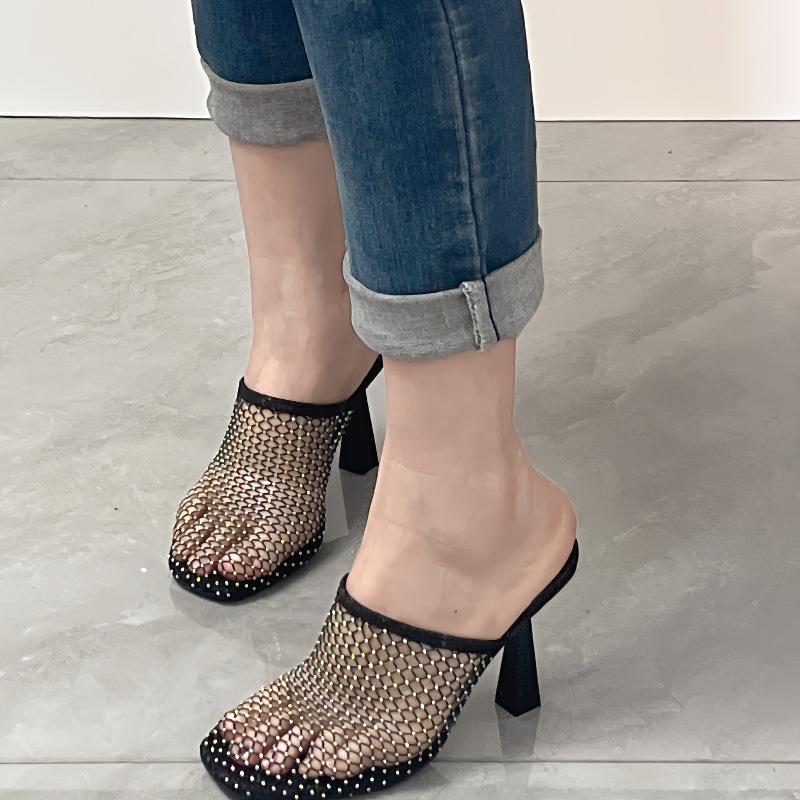 Fashion 2025 New Summer Shoes Women Sexy Hollow Mesh Square Toe Shoes for Women High Heels Summer Party Pumps Apricot Black