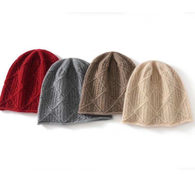 New% pure cashmere new unisex solid color knitted diamond bag head ear protection warm hat