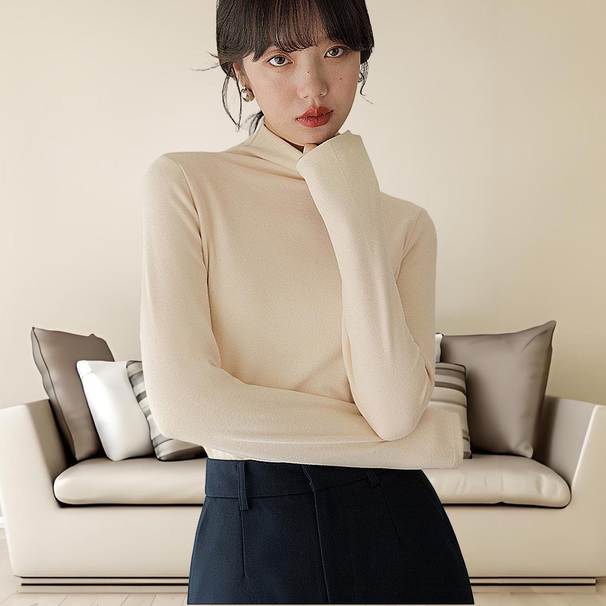 

Женский белый облегающий велюровый топ с длинным рукавом и полувысоким воротником - Весна/Осень 2025 S (suitable for 70-90 jin)