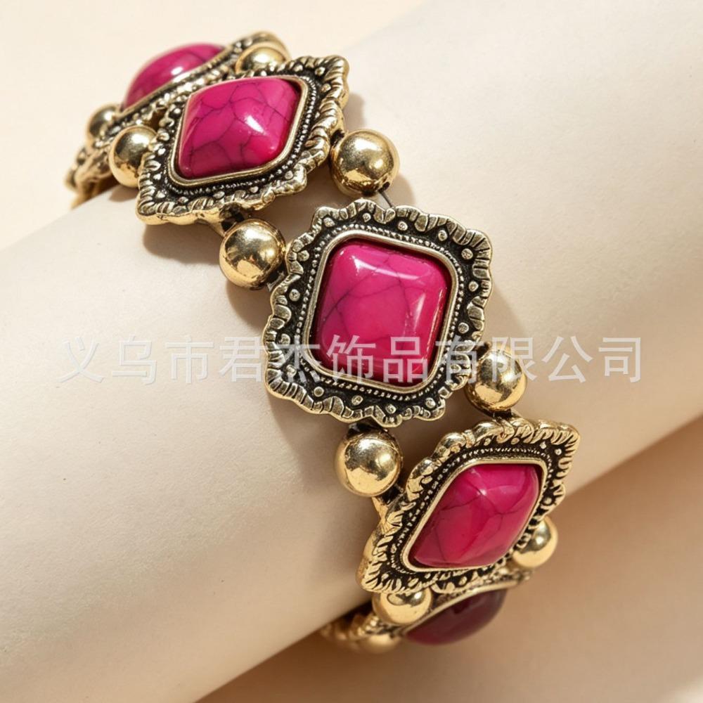 European and American Ethnic Style Personalized Retro Alloy Turquoise Elastic Bracelet Women's Bohemian Bracelet Jewelry