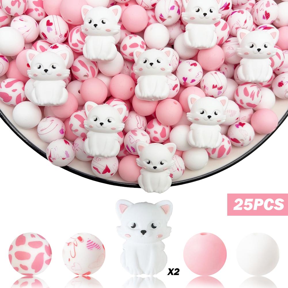25/68PCS 3D Cute Cat Silicone Bead Set, perfect for DIY handmade crafts such as keychains, necklaces, bracelets, etc