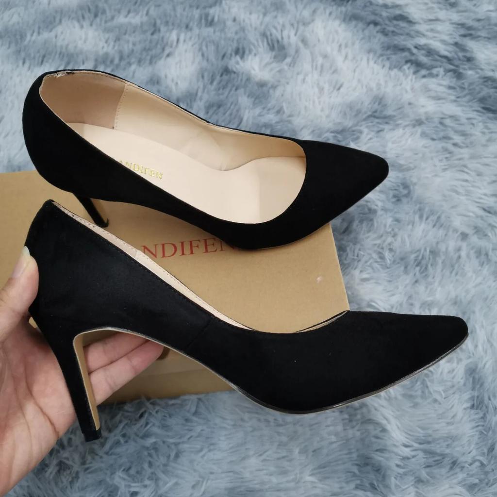 Women Pumps Stilettos Concise Lady Office Pointed Toe Velvet Leather Shallow High Heels Ship-on Female Party Dress Wedding Shoes