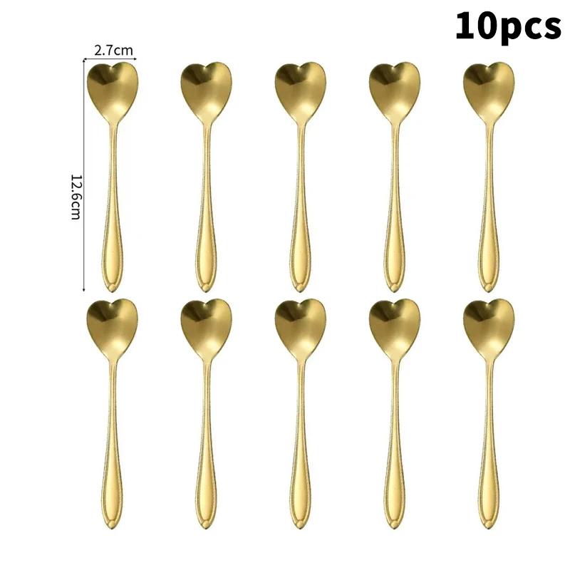 10-Piece Polished Stainless Steel Heart-Shaped Coffee Spoon Set - Durable Stirring Utensils For Home, Kitchen, And Dining Room