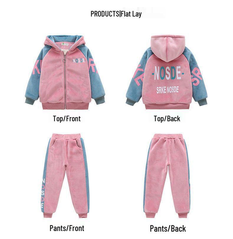 Girls' Velvet Fleece-Lined Sweatshirt & Pants Set - Thick, Double-Sided, Casual Sportswear for Spring To Winter