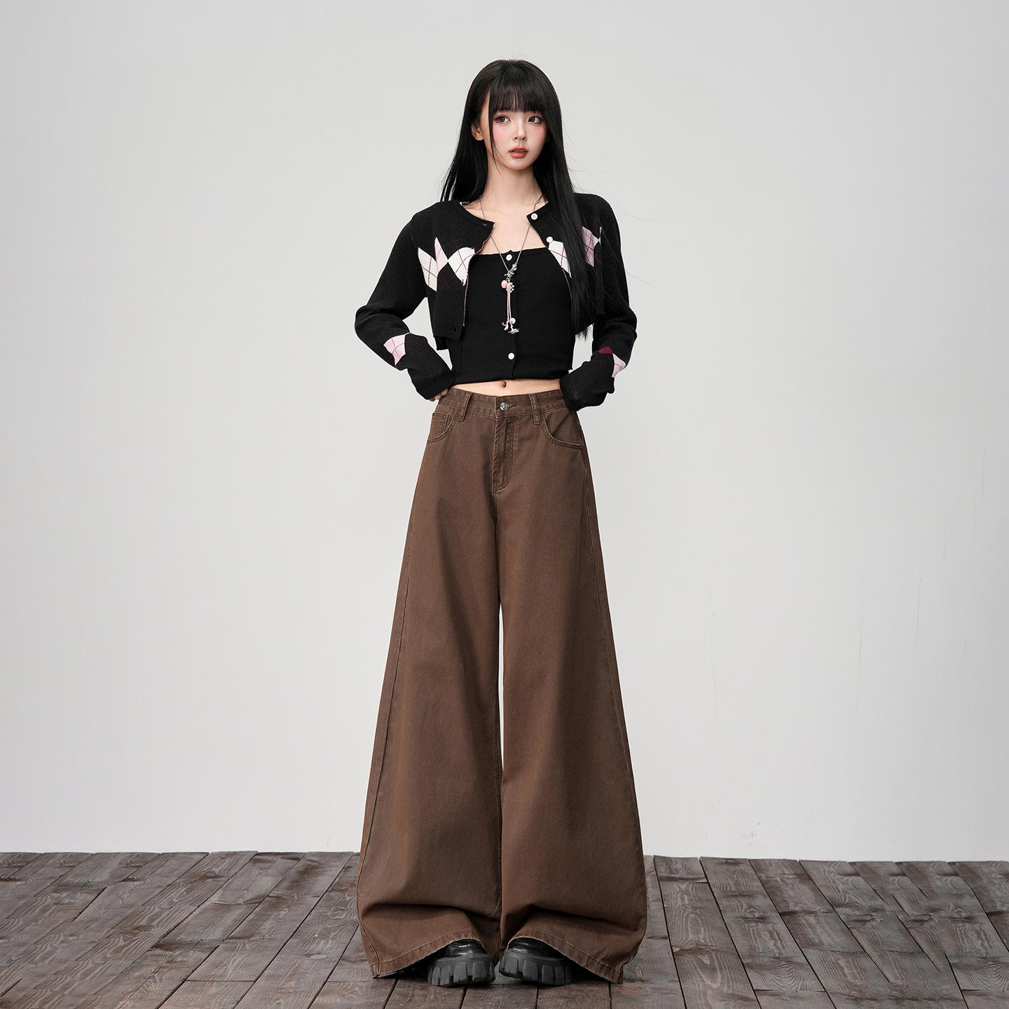 

Melard Brown Wide-Leg Jeans: Women s 2026 Spring Loose Drape Casual Pants Extra Small