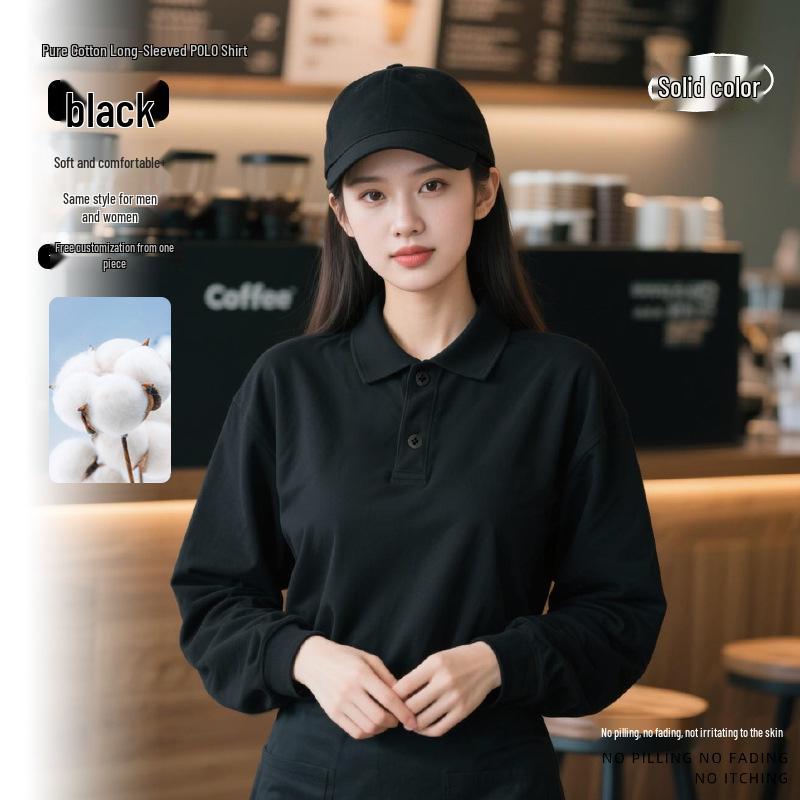 Customizable Pure Cotton Long-Sleeved Autumn/Winter Barista Uniforms for Milk Tea Shops, Dessert Shops, Fast Food Restaurants, and Catering.