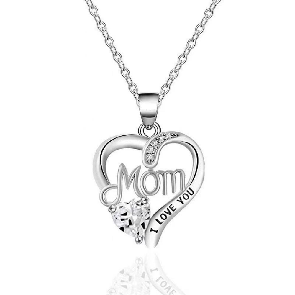 Hot Silvery Geometric Hollow Zircon Heart MOM Pendant Necklace Trendy Fashion Versatile Exquisite Mother's Day Gift Jewelry