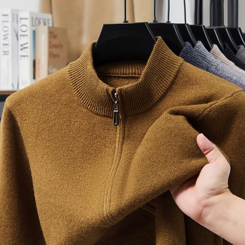 Męski gruby wełniany sweter rozpinany, kołnierz stojący, 520g, gruba gładka tkanina, casualowa ciepła odzież wierzchnia na zimę.