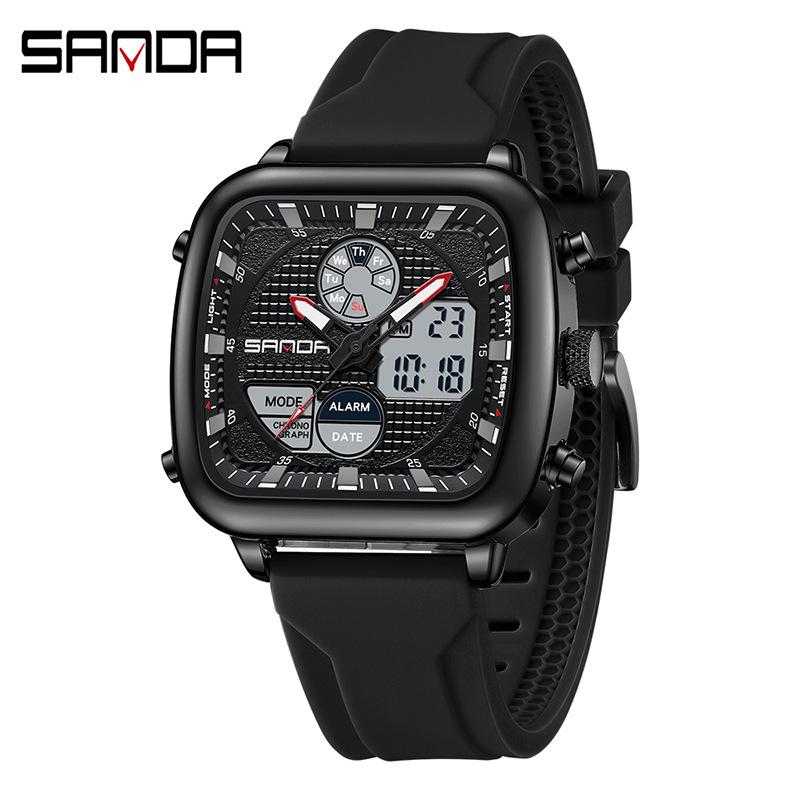 SANDA Men s Multifunctional Dual Display Sports Watch with Steel Band, Silicone Square, Luminous, Waterproof.