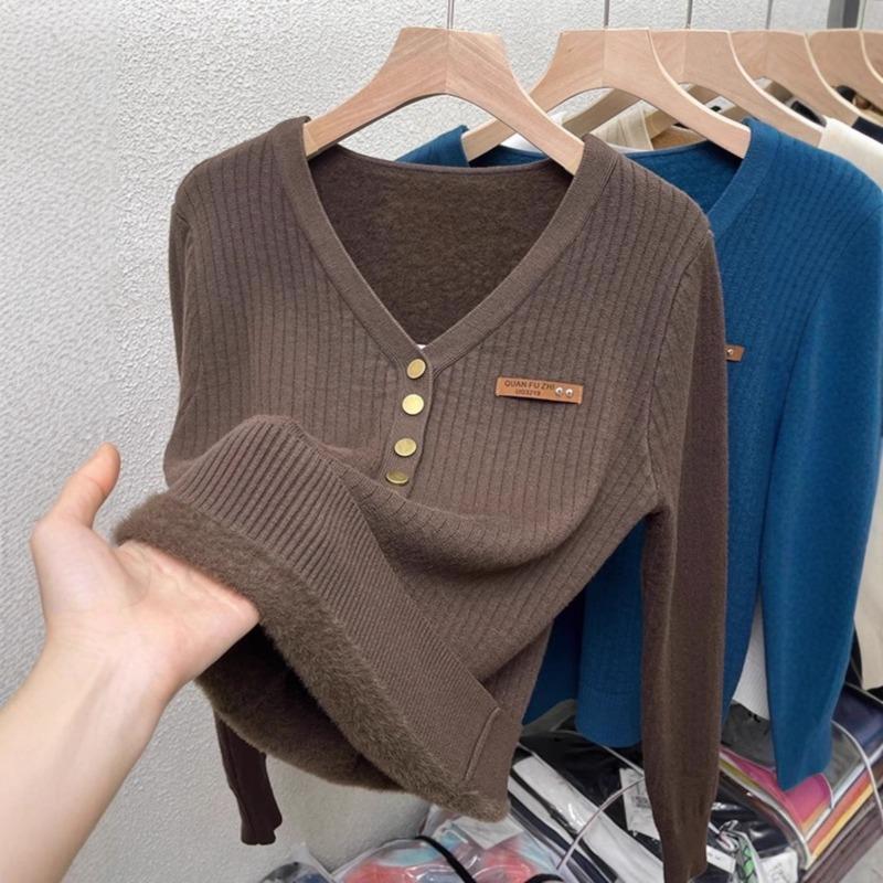 One-piece Fleece-neck Sweater for Women's Autumn and Winter New Fleece Thickened Slim-fitting Solid-color Knitted Bottoming Top