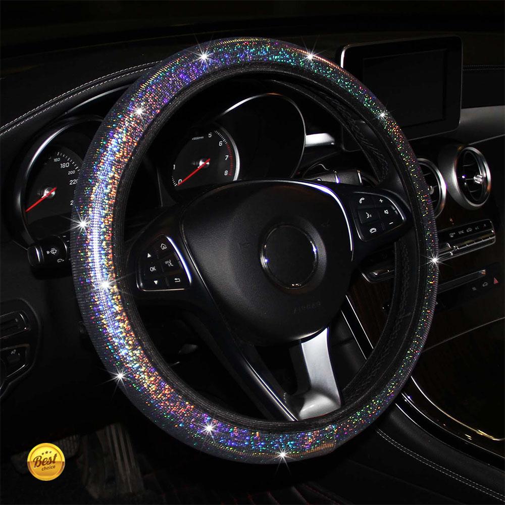 A flash PU leather flash gold leather steering wheel cover without inner ring fits 14.5-15 inch steering wheel cover серебряный