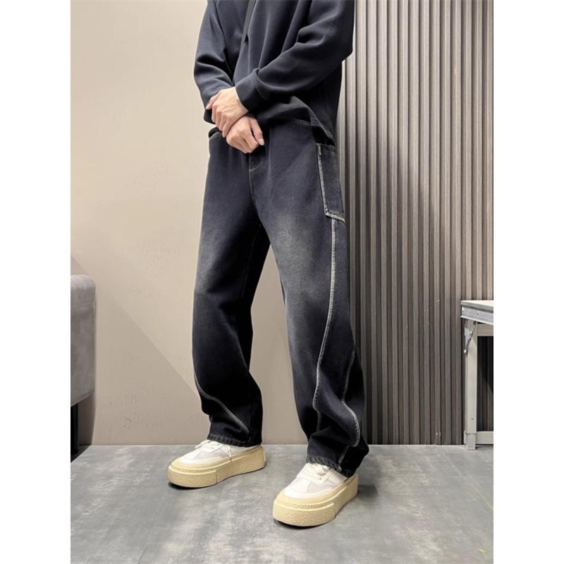 Washed Retro Tooling Jeans Men's Straight Loose Scimitar Wide Legs American High Street Pants Trendy Brand Ruffian Handsome Splicing