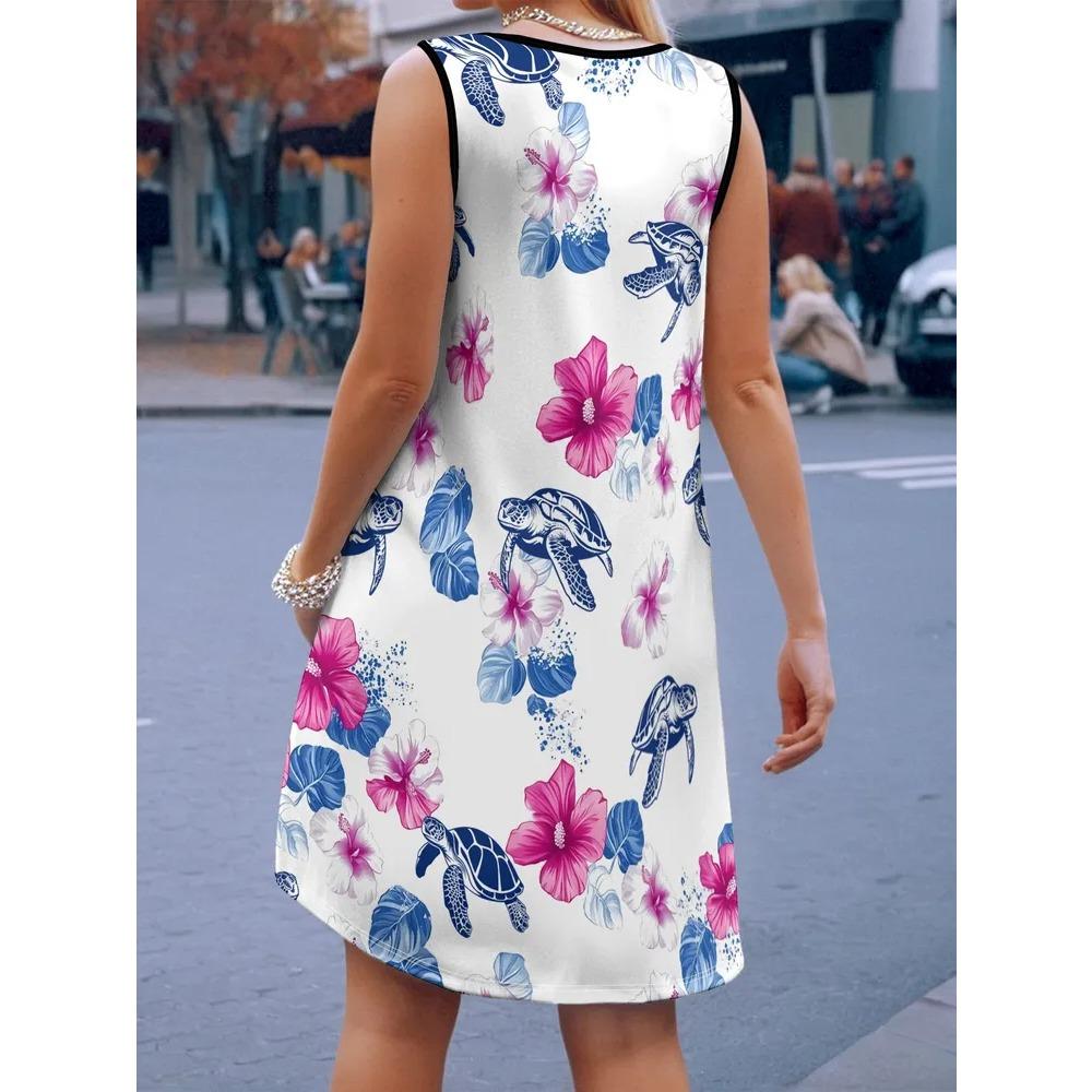 Robe d'été sans manches grande taille pour femme, motif floral 3D, col rond, longueur genou, sans poche, coupe ample, douce