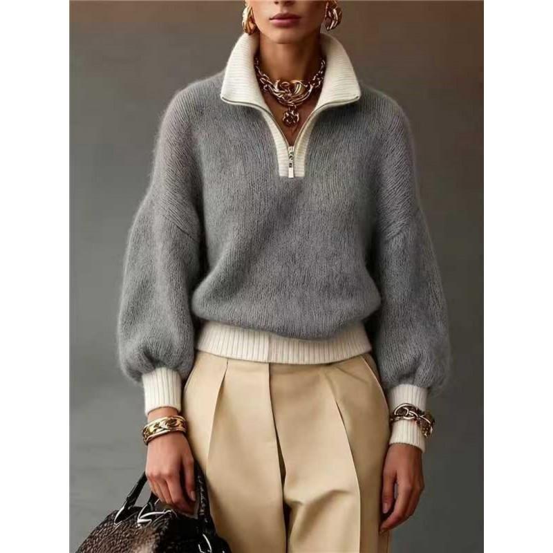 2026 Womens High Neck Zipper Sweater Loose Knit Pullover Casual Streetwear Cardigan Style